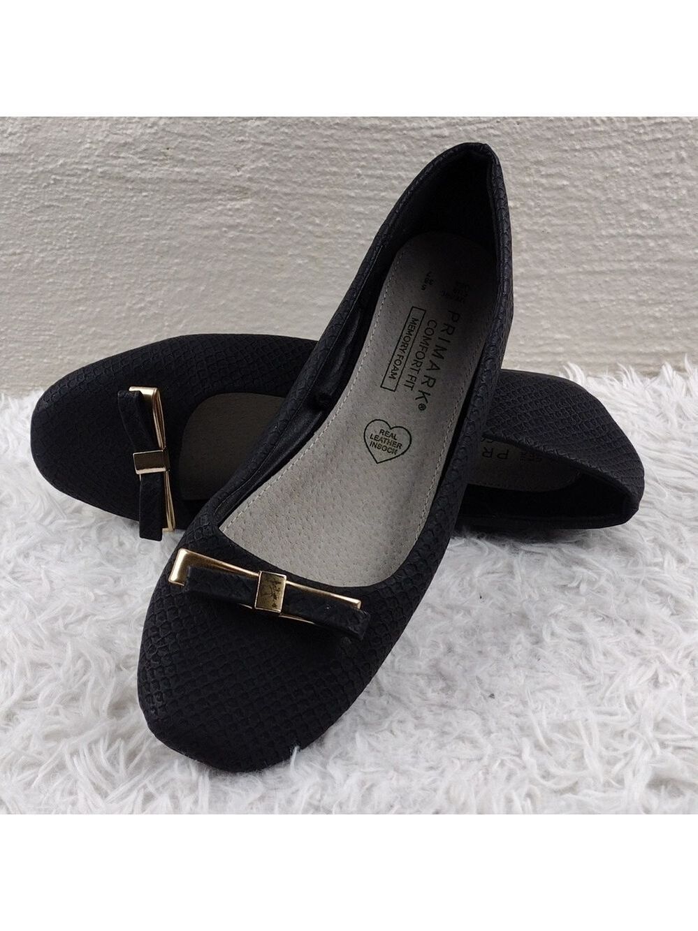 Primark Comfort Black Snakeskin Leather Upper Square Toe Slip On Flat Shoe